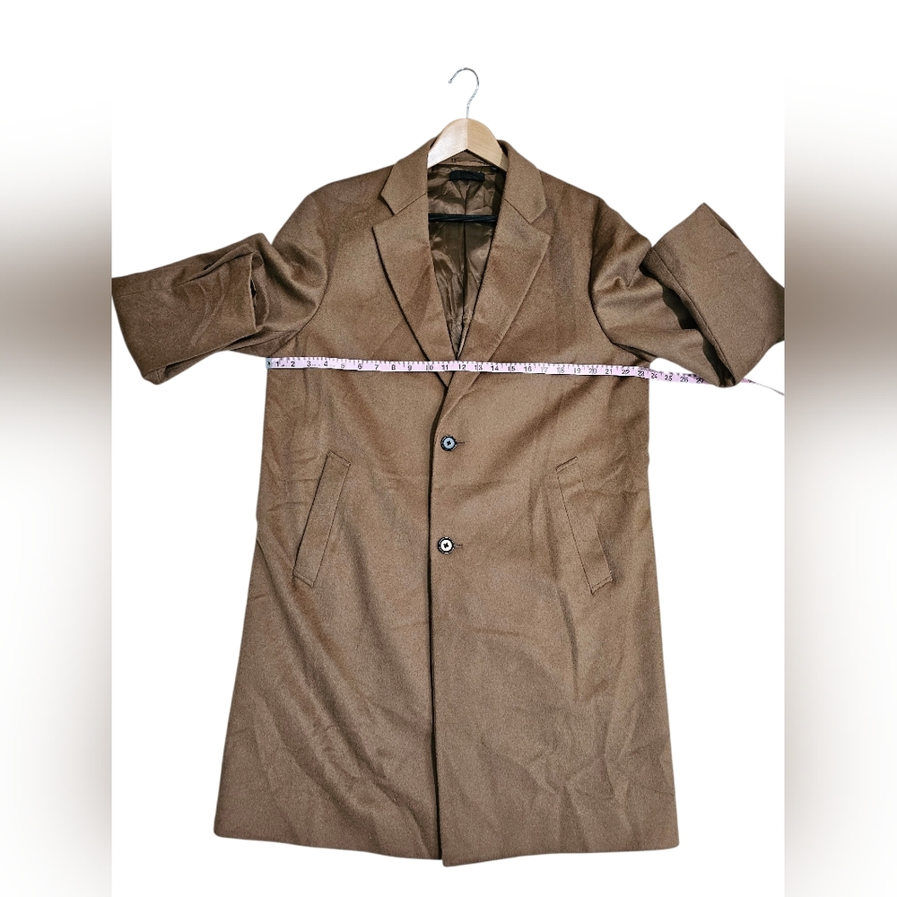 Uniqlo Mens Camel Wool Blend Overcoat Minimalist Tailored Coat Size L Classic - Picture 6 of 7